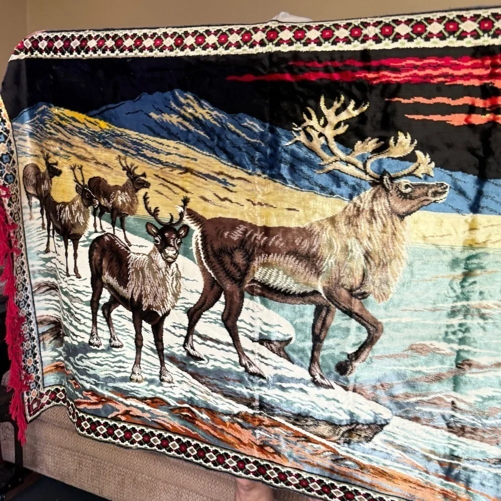 VTG 70's Reindeer Caribou Elk Velveteen Christmas Cabin Tapestry Decor BIG